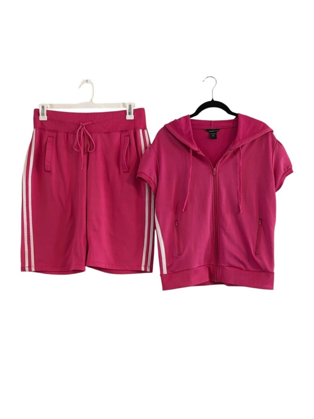 Moda International Y2K Fuchsia Matching Short Set Zip Hoodie White Stripe Size L